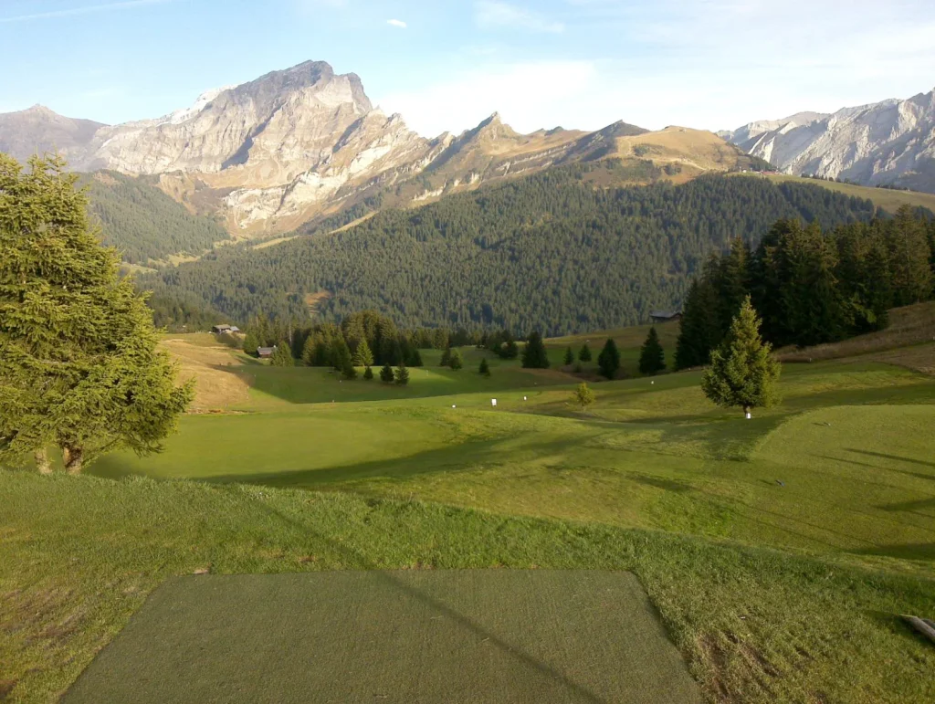 Tee with an artificial turf mat on a mountain golf course