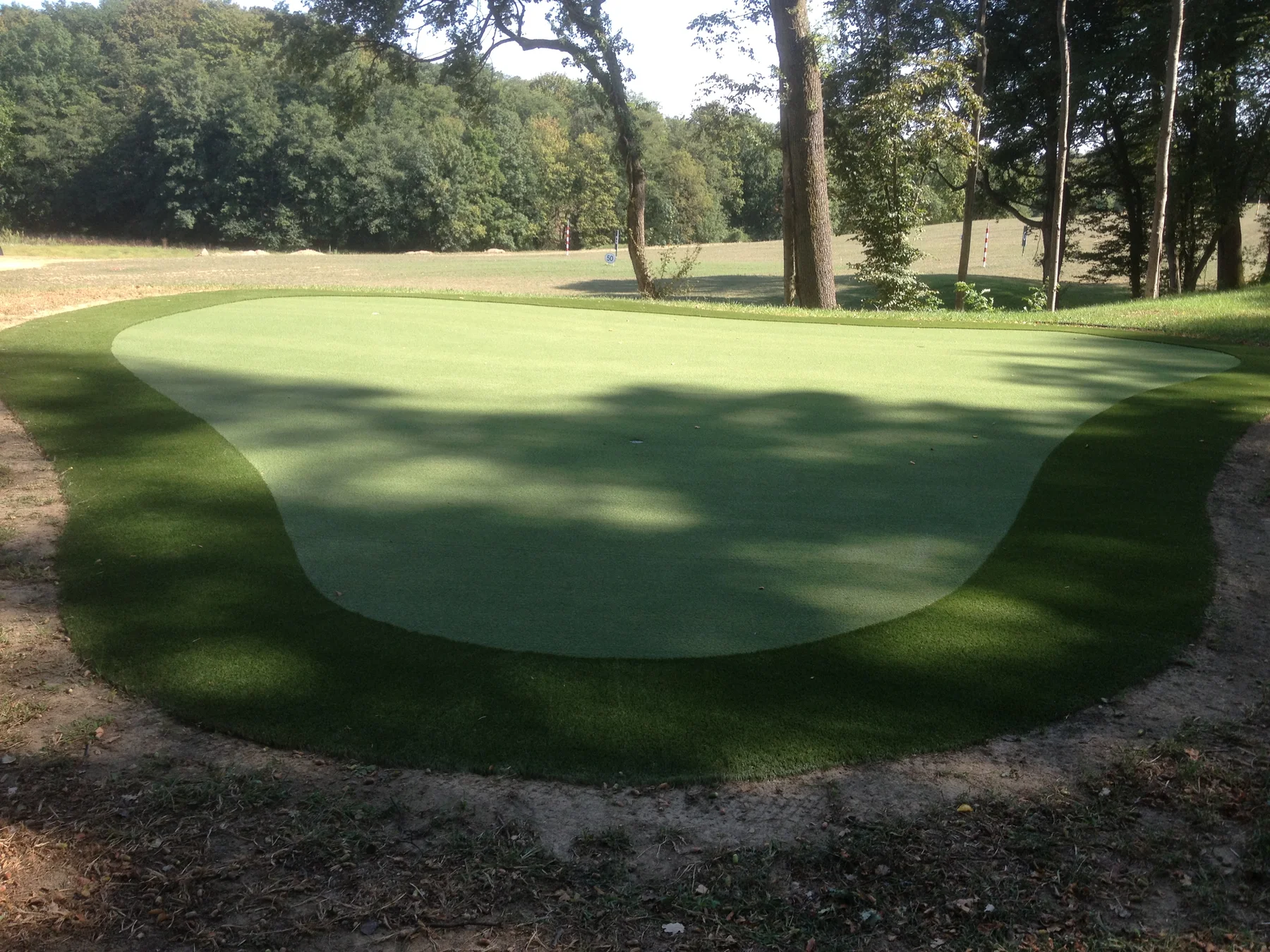 Artificial turf putting green in a wooded setting